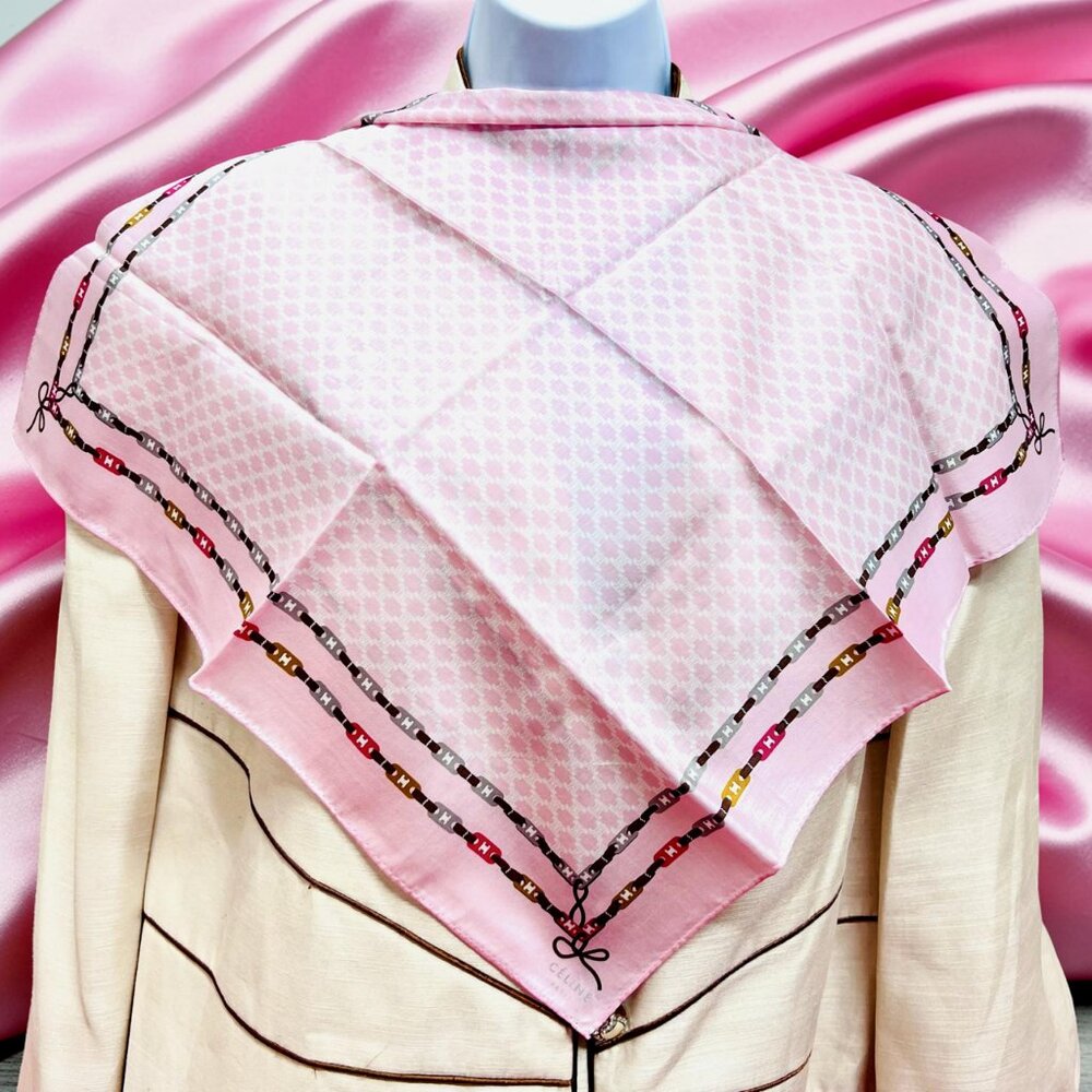 New CELINE  Paris   MiniScarf 20" Cotton/Silk Light Pink Brown White Logo   (56